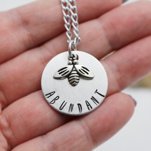 Bee Abundant - Hand Stamped Pendant Necklace - Handmade & Hypoallergenic - Picture 1 of 6